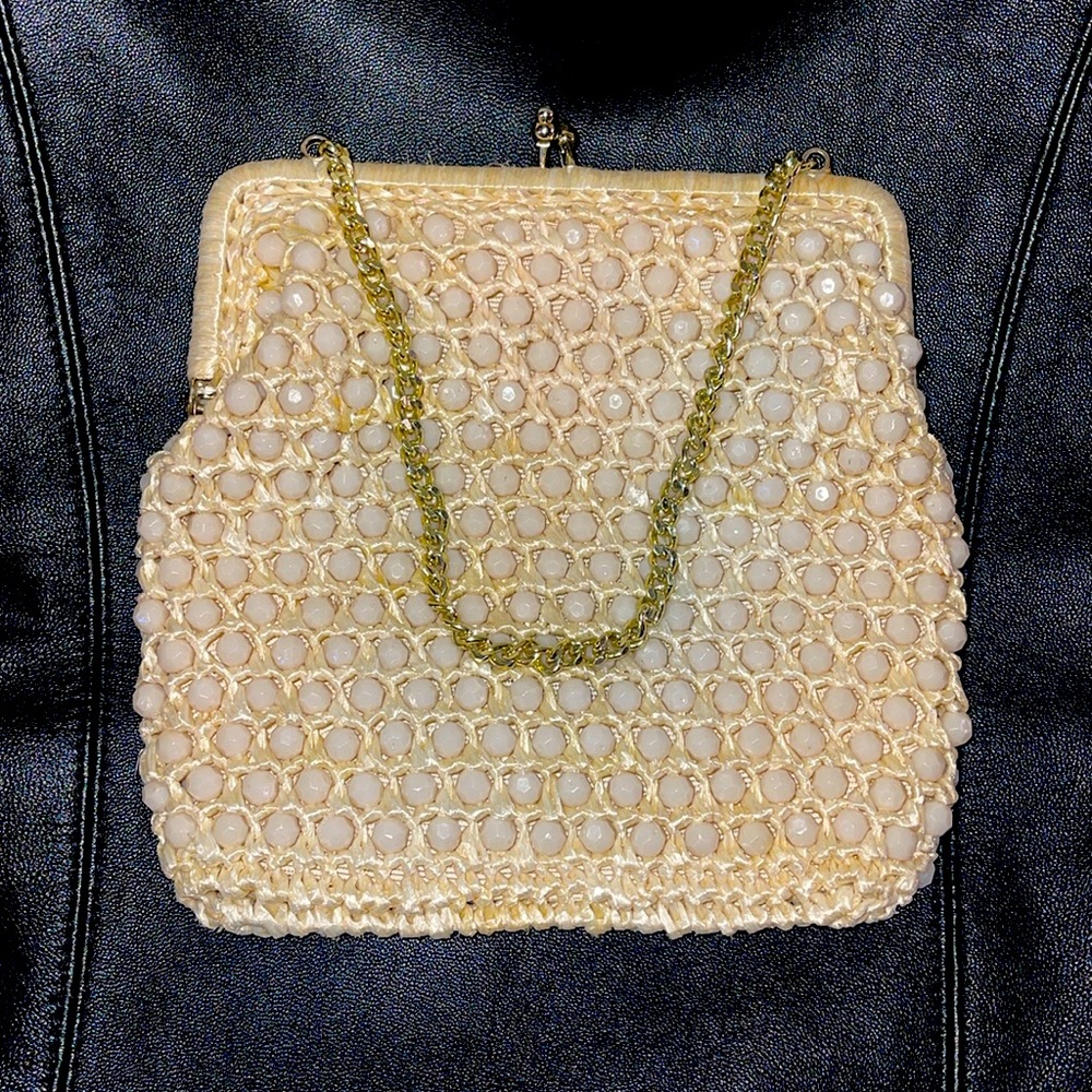 Gorgeous vintage wristlet style beaded and woven handbag